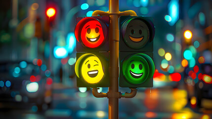 Wall Mural - Animated Traffic Light with Happy Faces on City Street at Night. International Traffic Light Day