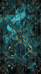 Fototapete - Symmetrical geometric patterns in vintage teal and zinc, highlighted by vintage gold details, creating a visually captivating and timeless abstract background