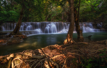 Huay mae kamin waterfall in khuean srinagarindra national park. the beautiful and famous waterfall in deep forest, kanchanaburi province, thailand.