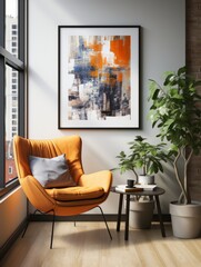 Wall Mural - room, interior, table, chair, home, furniture, design, A vibrant orange armchair with square armrests is placed in front of large Windows to let natural light into the room