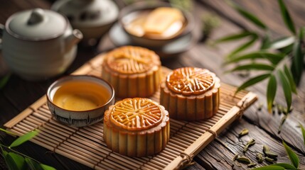 mid-autumn festival tradition, mooncakes and tea on bamboo mat symbolize unity and togetherness in m