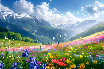 Sticker - Colorful spring flower field landscape mountain outdoors.