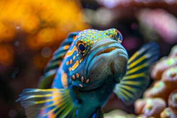 A Colorful Tropical Fish with Yellow, Blue, and Orange Patterns Swimming in a Coral Reef