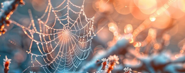 a frost-covered spider web sparkling in the morning sun.