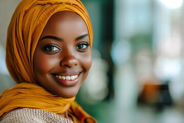 Portrait d'une jeune femme noire souriante portant un foulard jaune