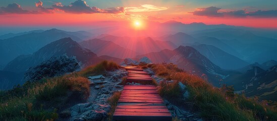 Sticker - Mountaintop Sunset with Wooden Path