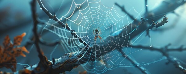 A close-up of a spider weaving its web between two branches.