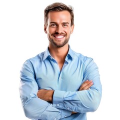 Handsome smiling business man in blue shirt standing with crossed arms, isolated on white background.  isolated on white background. Photo realistic.