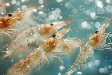 Close-Up of a Group of Shrimp Swimming in a Blue Tank