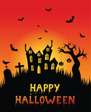 Happy Halloween Scary Castle with Barren Tree and Graveyard. Seasonal national holiday concept vector art