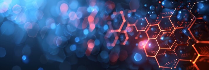 Poster - Digital blockchain network shown as vibrant, abstract, with glowing hexagonal grid and light particles