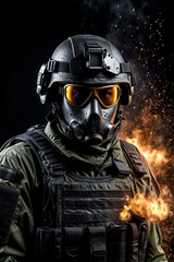 Wall Mural - Portrait of special forces soldier man in uniform of tactical Units of Police with weapon at dark black background. Explosion, smoke and fire sparks. Urban problems unrest concept. Copy ad text space