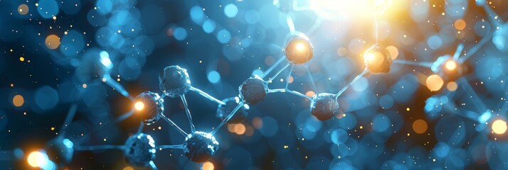 Poster - Close-up of molecular structure with glowing orange nodes on blue background, symbolizing technology.