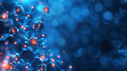 Poster - Close-up of molecular structure with glowing orange nodes on blue background, symbolizing technology.