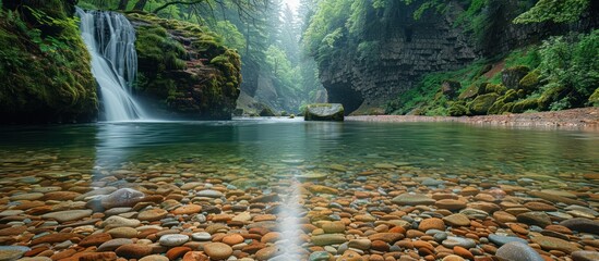 Sticker - Tranquil Riverbed with a Waterfall