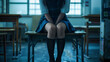 © Nikalaus - Japanese high school girl, wearing a uniform, black ankle-length socks, sitting on a desk in a school classroom