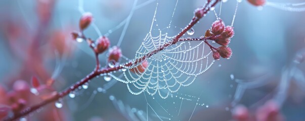 A close-up of a spider web covered in morning dew.