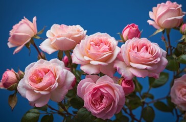 Wall Mural - Pink roses in full bloom against vibrant blue backdrop with soft petals and delicate foliage