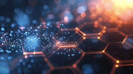 Poster - Digital blockchain network shown as vibrant, abstract, with glowing hexagonal grid and light particles