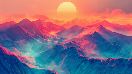 Sticker - Abstract Mountain Range Landscape with Sunset Glow.