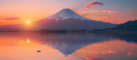 Wall Mural - Mount Fuji at Sunset with Reflection in Lake