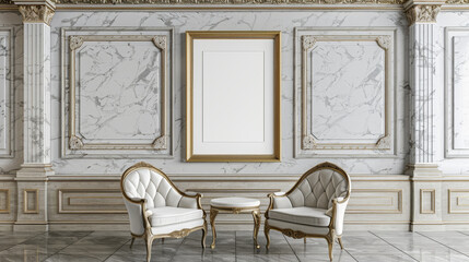 Two armchairs in a room with white marble walls and a blank fram