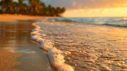 Wall Mural - A close-up view of the beach at sunset, with the camera focused on the golden sand and waves gently caressing the shore, while the background showcases a row of palm trees and a colorful sky. The warm