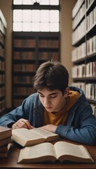 student reading a book in library