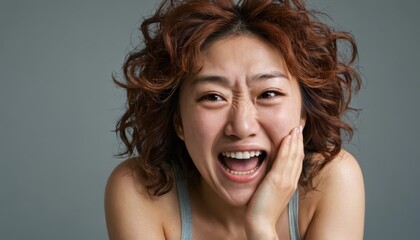 Poster - laughing asian woman,  portrait of an adult female screaming