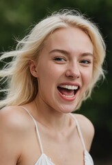 Sticker - Portrait of a blonde woman laughing, smiling girl