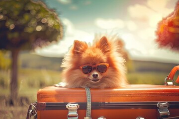  Pomeranian dog wearing sunglasses on an orange suitcase. Summer vacation and travel concept