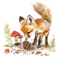 Poster - Watercolor Illustration of a Curious Fox Exploring the Forest Floor with Mushrooms and Pine Cones.