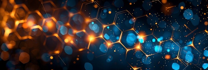 Poster - A stunning abstract image featuring a golden and blue hexagonal pattern with captivating glowing lights.