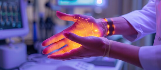 Wall Mural - Glowing Hand in Medical Setting