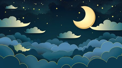 Wall Mural - Paper Cutout Night Sky With Crescent Moon And Stars