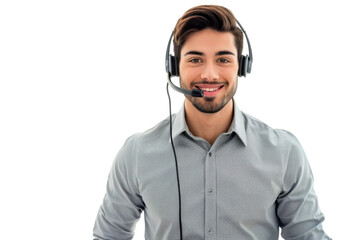 Friendly young male customer support representative with microphone headset, isolated on white background