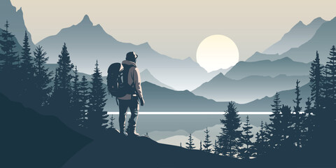 Wall Mural - A tourist meets the sunrise in the mountains, hiking, adventure tourism and travel, vector illustration