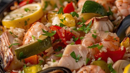 Close-up of a delicious seafood paella with shrimp, mussels, rice, and vibrant vegetables garnished with fresh herbs.