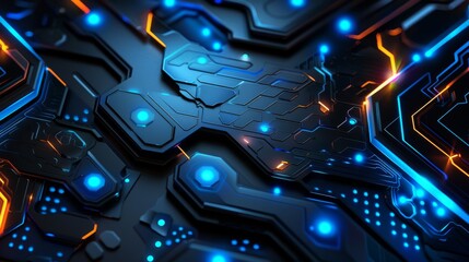 Poster - A close-up of a futuristic circuit board with glowing blue and orange lights, showcasing technology.