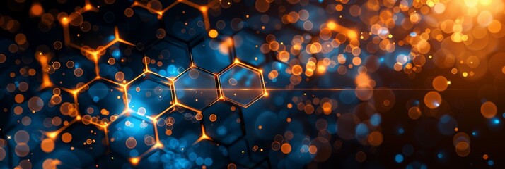 Poster - A stunning abstract image featuring glowing lights and intricate hexagonal shapes in a dark background.