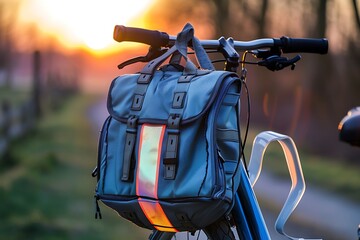 A school bag with a reflective safety stripe, hanging from a bicycle handlebar in soft evening light