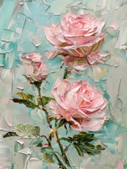 Wall Mural - A close-up oil painting of a single pink rose with green leaves on a light blue and gray background