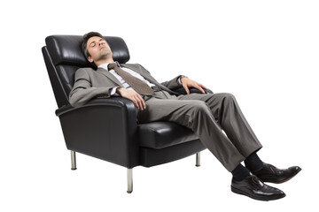 Exhausted businessman napping on office chair isolated on white background