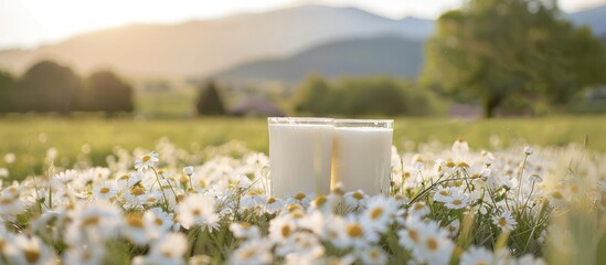 Wall Mural - Two Glasses of Milk in a Field of Daisies