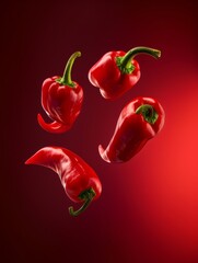 Wall Mural - Ripe red peppers floating in mid-air against a vertical gradient backdrop. 