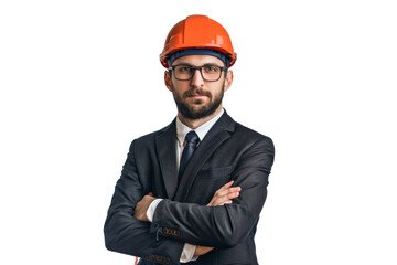 Confident male engineer with crossed arms, wearing a suit and hard hat, isolated on white background