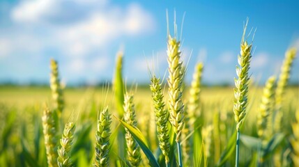 Sticker - Close-up of Green Wheat Field Ears against Blue Sky. Nature Agriculture Concept, Sunny Day Outdoors. Perfect for Eco-friendly Posters, Farming Presentations, or Botanical Studies. AI