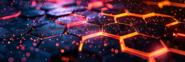 Poster - Digital blockchain network shown as vibrant, abstract, with glowing hexagonal grid and light particles