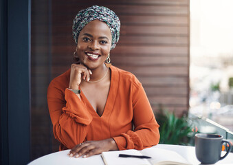 Aufkleber - Coffee, notebook and portrait of woman employee on balcony of office in city for break or pause. African, diary and smile with business person at workplace in urban town for planning or strategy
