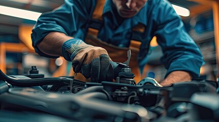 Close-up of a mechanic in gloves and safety gear working on a car engine in a professional workshop, highlighting automotive repair..